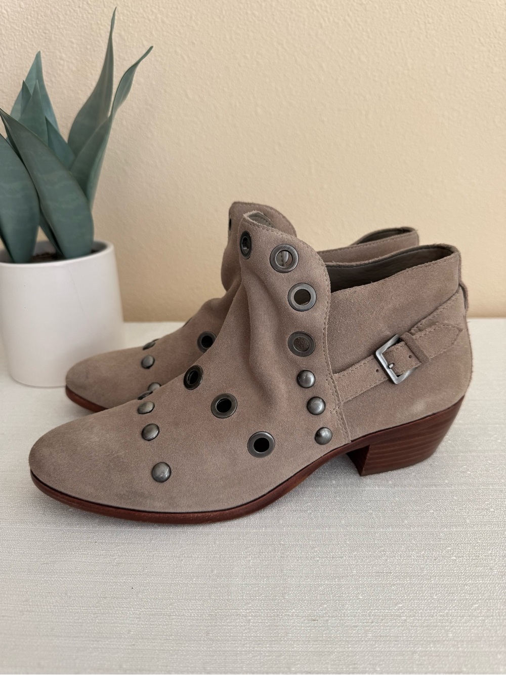 Sam Edelman Suede Ankle Booties with Studd Grommet Detail in Taupe - Picture 4 of 14